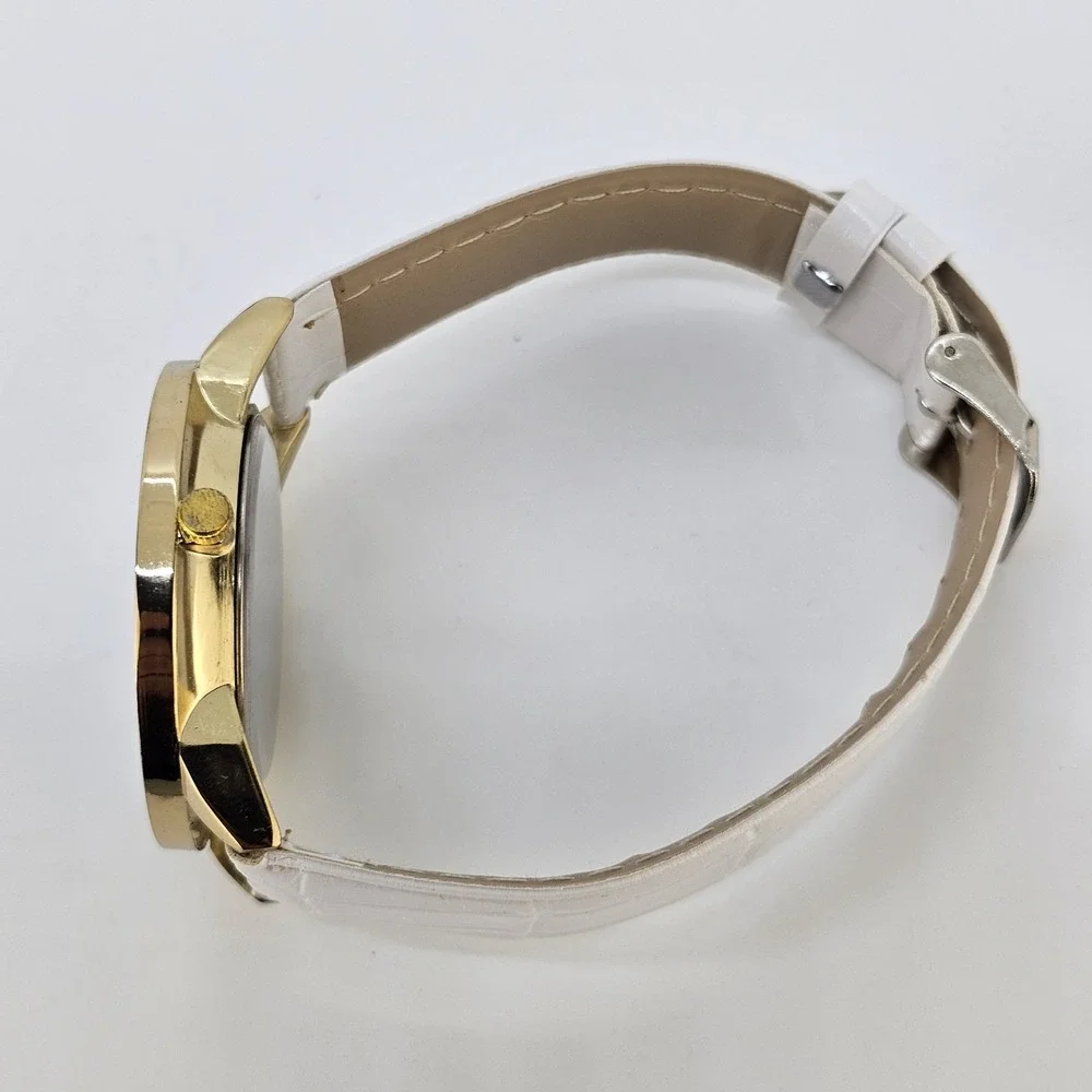 Unisex Analog Watch 40MM White Dial White Faux Leather Bands New Battery